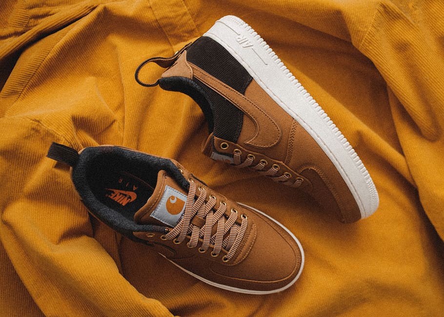 pair of Carhartt x Nike Air Force 1 shoes, clothing, apparel