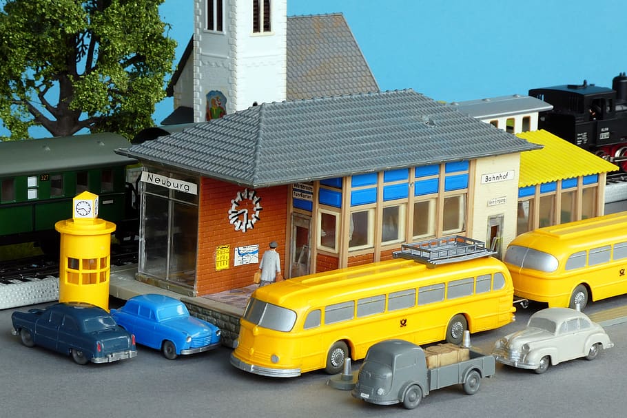 diorama, model train, model railway, model cars, car models, HD wallpaper