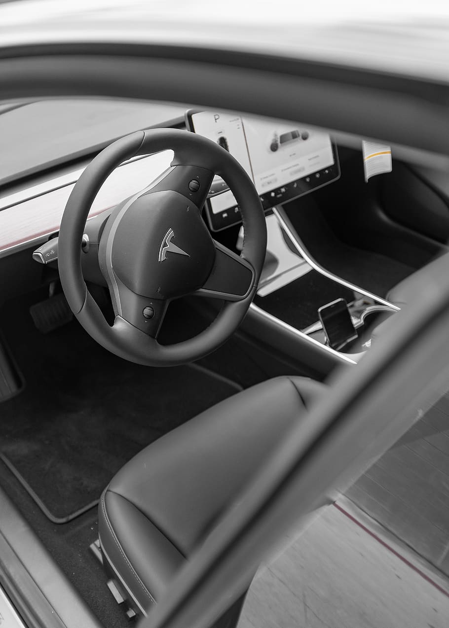 Tesla steering wheel, technology, connection, communication, car interior HD wallpaper