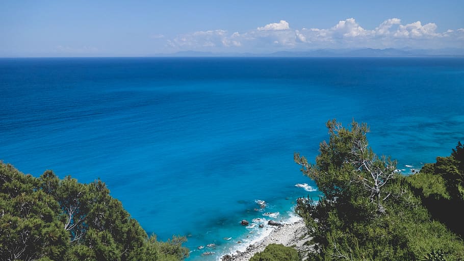 greece, pefkoulia beach, scenic, tree, water, blue, lefkada, HD wallpaper