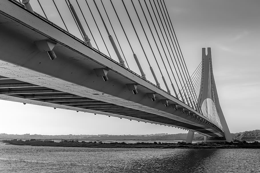 bridge, river, delta, architecture, landmark, monochrome, water HD wallpaper