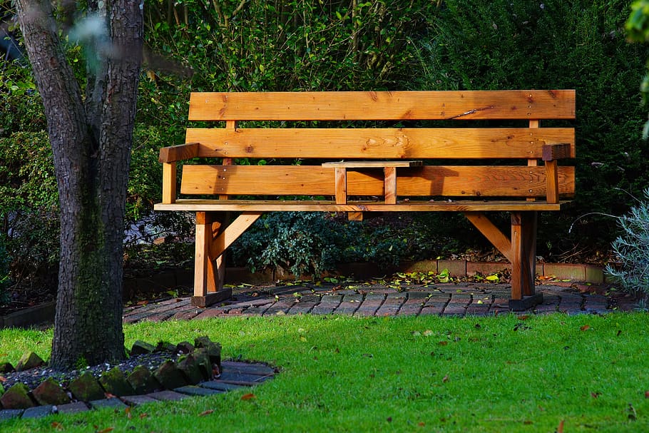 HD wallpaper: Wooden Bench in Garden, backyard, chair, contemporary, cozy,  empty | Wallpaper Flare