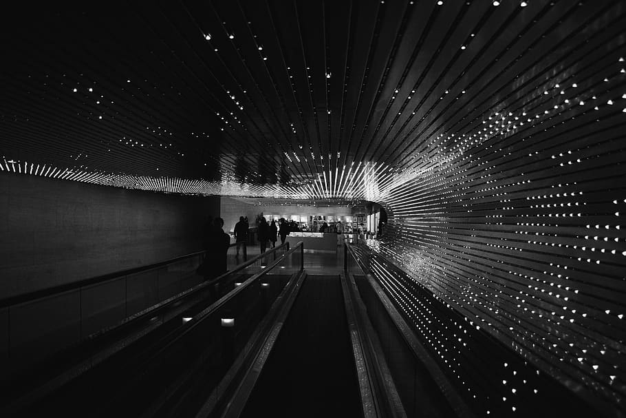 Greyscale Photo of People Walking Inside Tunnel, architecture, HD wallpaper
