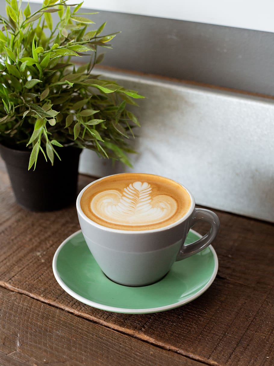 gray and white teacup, beverage, latte, drink, coffee cup, pottery HD wallpaper