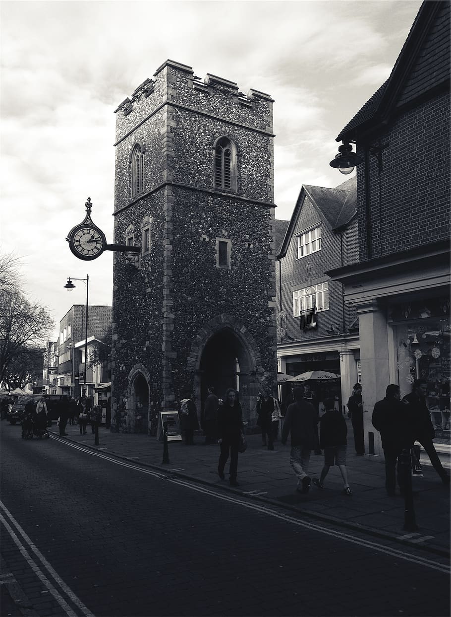 clock, tower, town, village, architecture, buildings, stores HD wallpaper