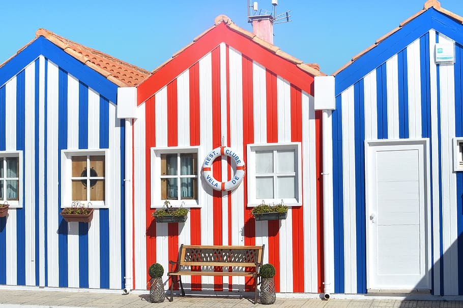 Three Multicolored Houses, architecture, bench, door, facade HD wallpaper