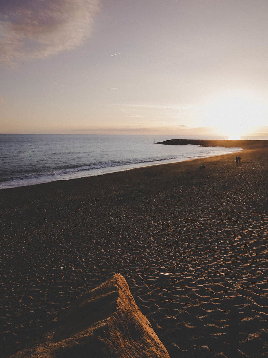 Seashore during Sunrise, beach, blue water, boulder, clouds, coast HD wallpaper