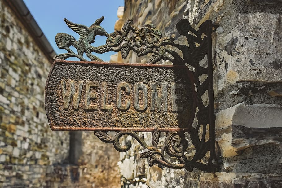 welcome, sign, greeting, entrance, vintage, hospitality, rusty