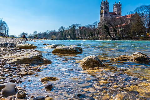 isar, munich, bavaria, river, water, solid, rock, nature, rock - object HD wallpaper