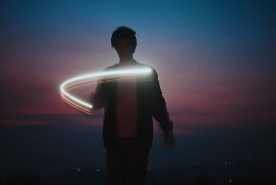 light writing photography, one person, standing, sky, night, illuminated HD wallpaper