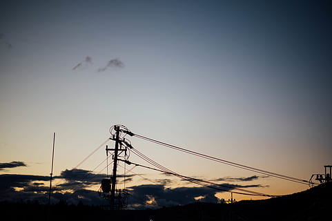 black electric post at sunset, cable, electric transmission tower HD wallpaper