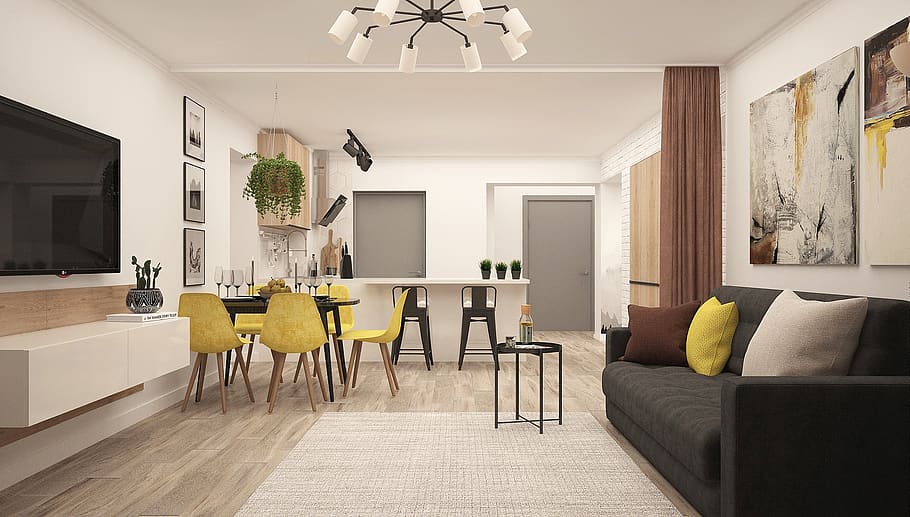 kitchen-living room, modern living room, studio, interior design, HD wallpaper