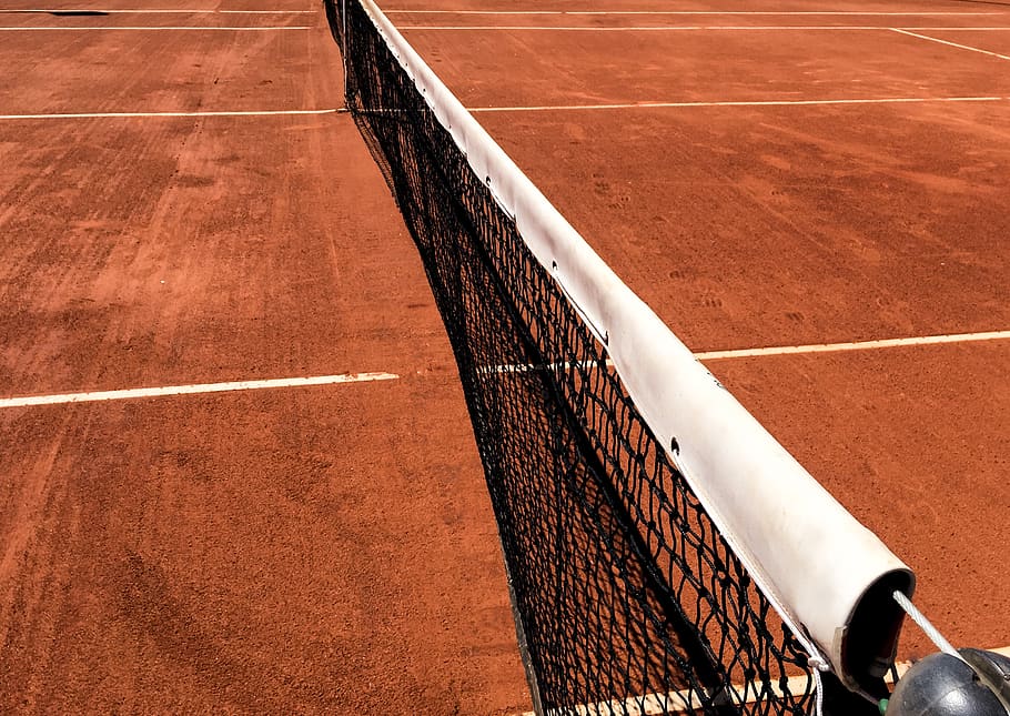 black and white tennis net, tennis court, banister, handrail