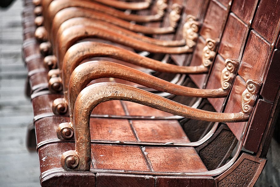 brown metal chairs, beijing, china, rust, bench, chinese culture HD wallpaper
