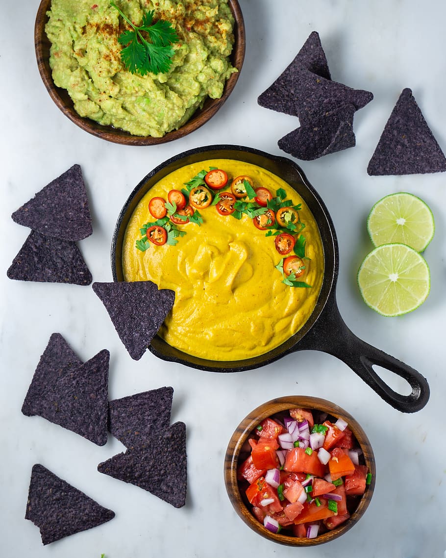 Sharing is caring, flat lay, dorito, nacho, guac, guacamole, salsa, HD wallpaper