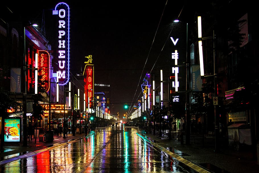 granville street, vancouver, canada, travel, neon lights, reflection