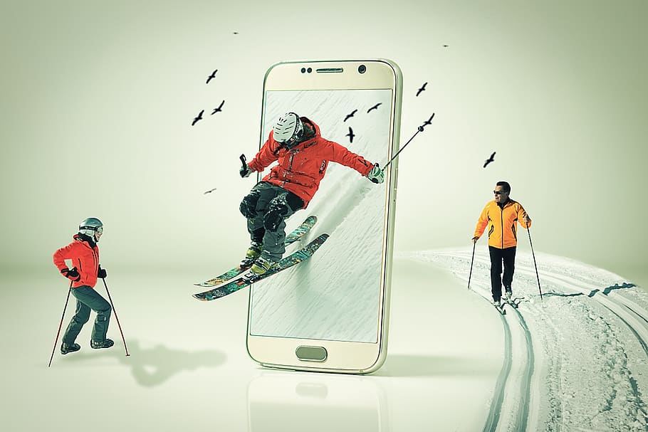 manipulation, phone, ski, snow, sport, winter, people, birds HD wallpaper