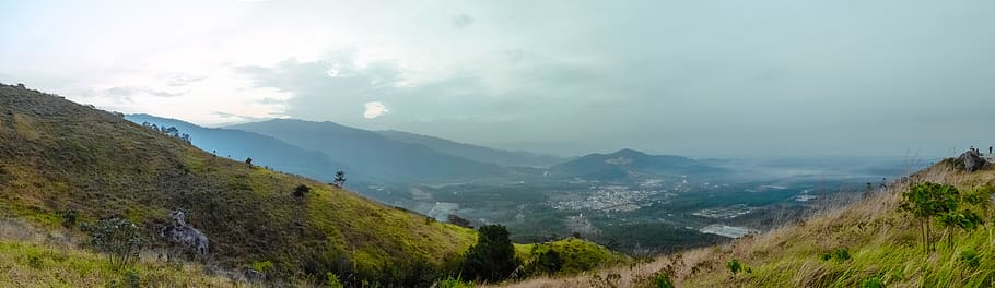 nature, landscape, mountains, summit, peaks, grass, sky, horizon HD wallpaper