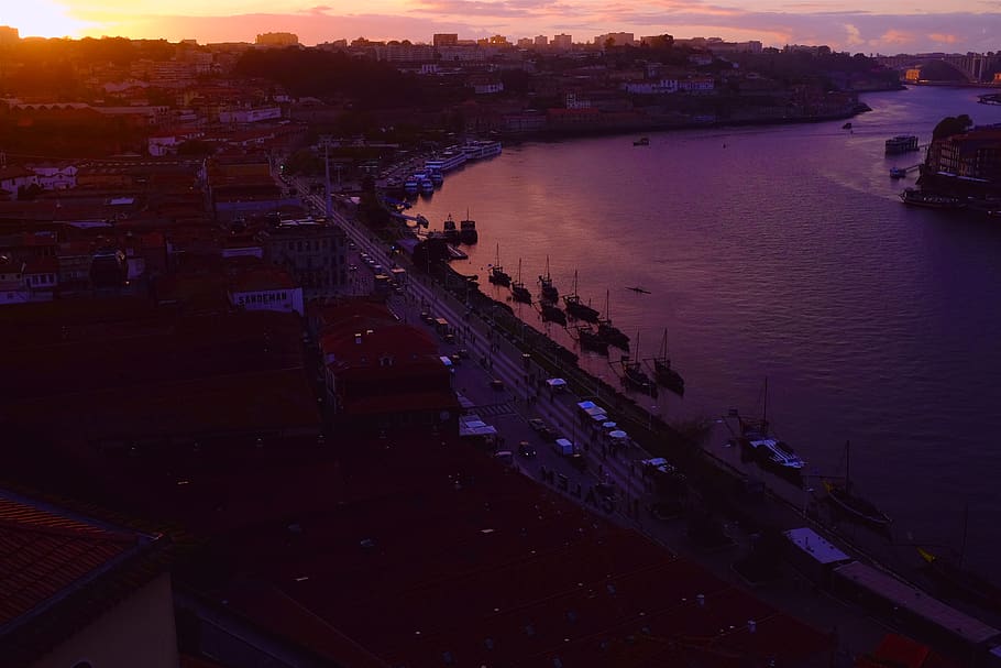 river, porto, portugal, boat, city, sky, sunset, citylife, beautiful, HD wallpaper