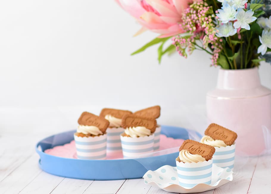 cupcakes on tray, sweet food, baked, dessert, flowering plant HD wallpaper