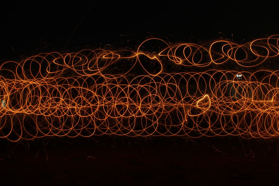 steel wool photography of lights, text, fire, wire, flame, pattern, HD wallpaper