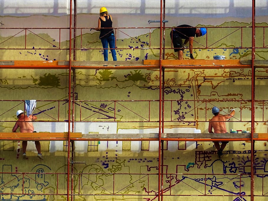 Four People Painting Wall on Scaffolding, building, daylight HD wallpaper