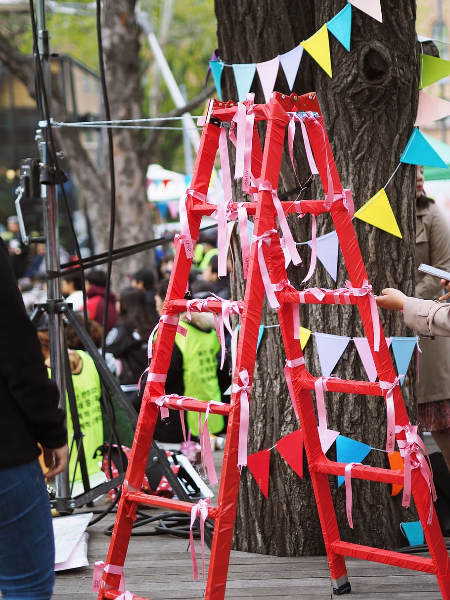 red ladder near tree, human, person, apparel, clothing, bicycle HD wallpaper