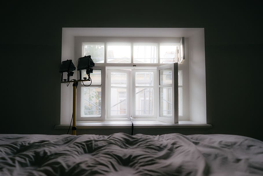 HD wallpaper: work light near window, furniture, bed, indoors, interior ...