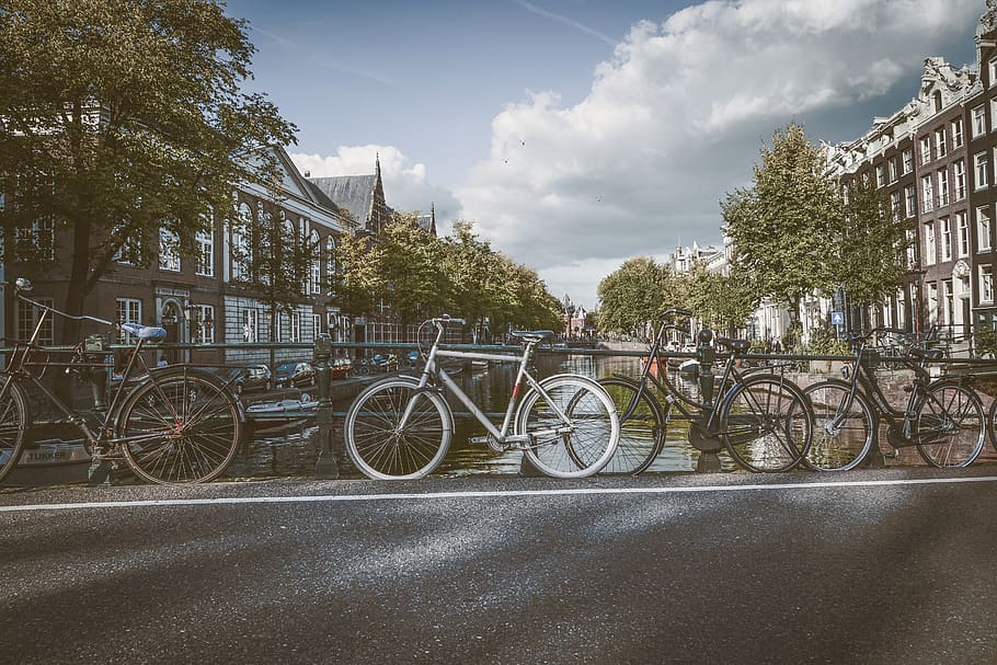 bicycles, clouds, amsterdam, water, city, netherlands, architecture HD wallpaper