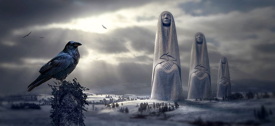 fantasy, winter, snow, sculpture, crow, birds, light, figures, HD wallpaper