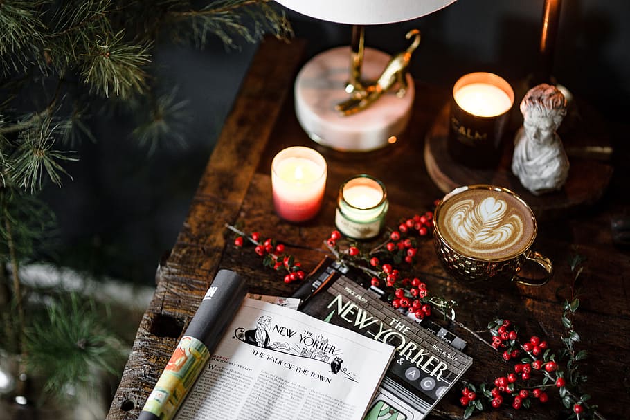 Books and Fresh Holly, vintage, newspapers, workspace, coffee, HD wallpaper