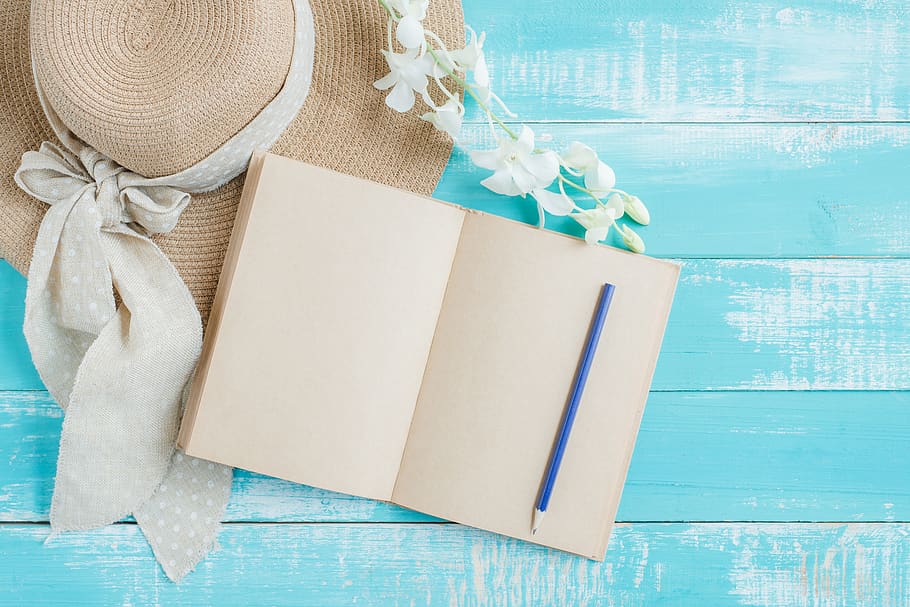 White Notebook and Blue Pencil, bow, concept, design, flowers HD wallpaper