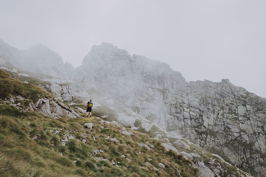 man standing on mountain near fog, nature, cloud, person, hiking, HD wallpaper