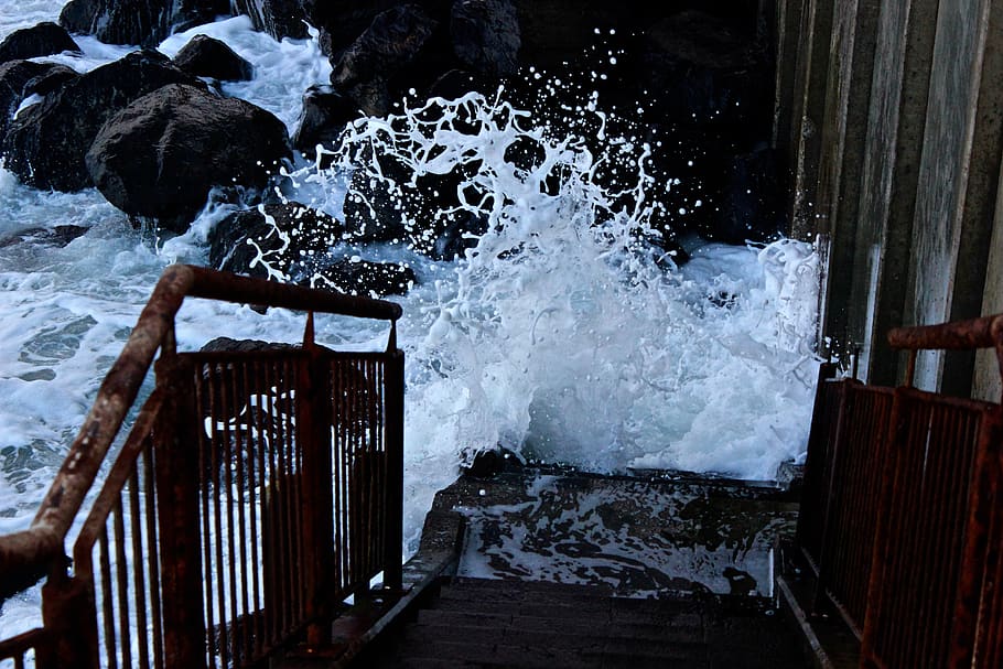 motion, water, splashing, no people, nature, architecture, railing HD wallpaper
