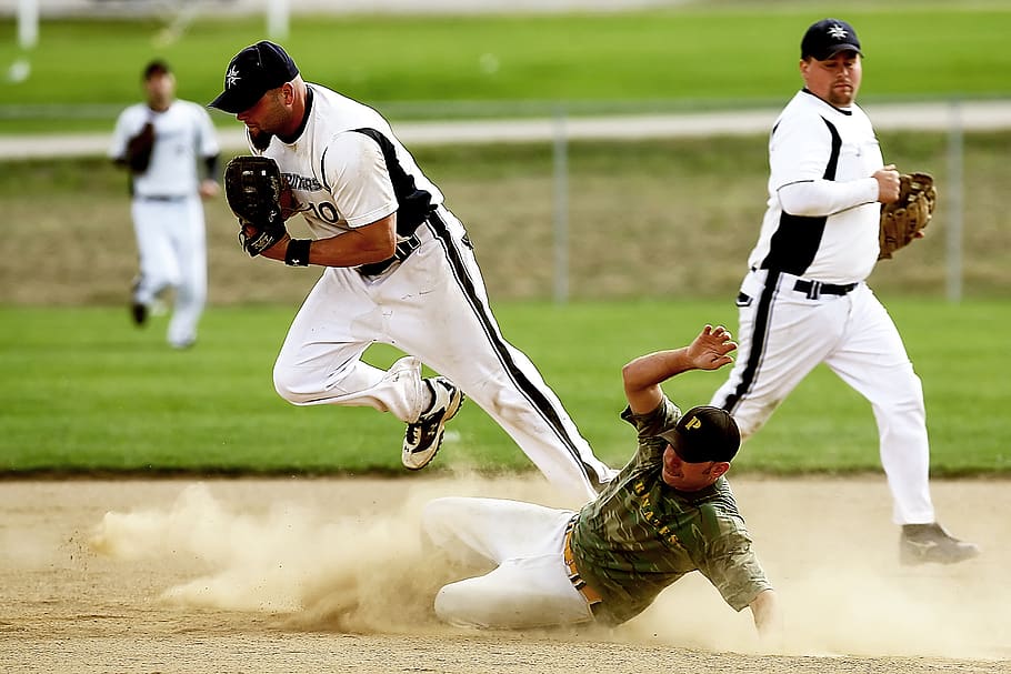 Baseball Game, action, athletes, blur, dirt, dust, gloves, grass HD wallpaper