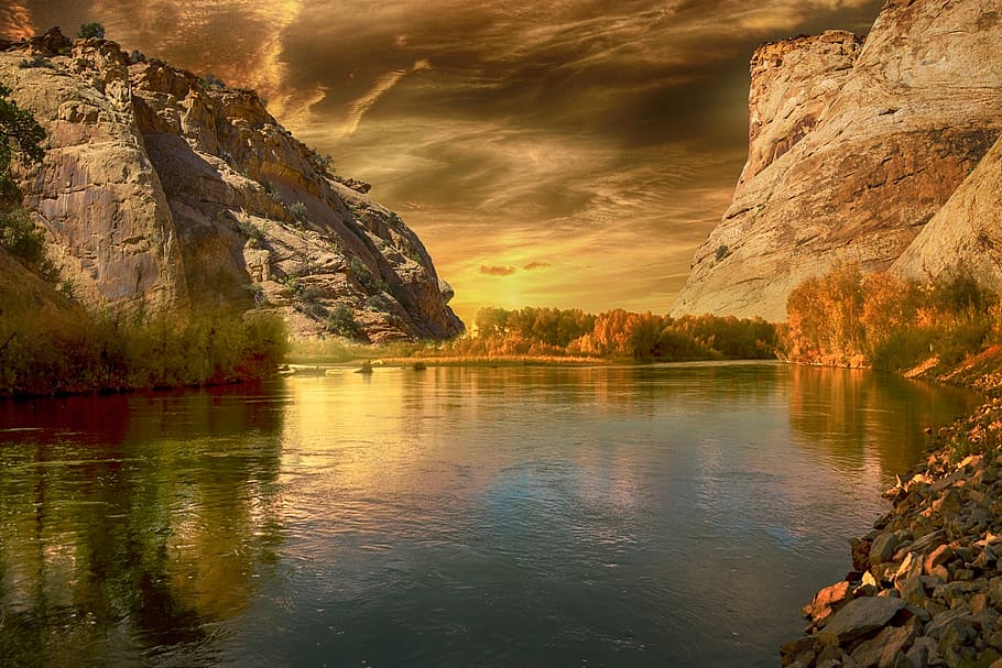 landscape, lake, mountain, sky, clouds, sunset, nature, forest HD wallpaper