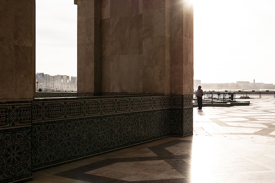 morocco, casablanca, dark, sunlight, man, tiles, arab, mosque HD wallpaper