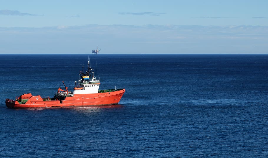 ship, red, blue, platform, sea, water, sky, nautical vessel HD wallpaper