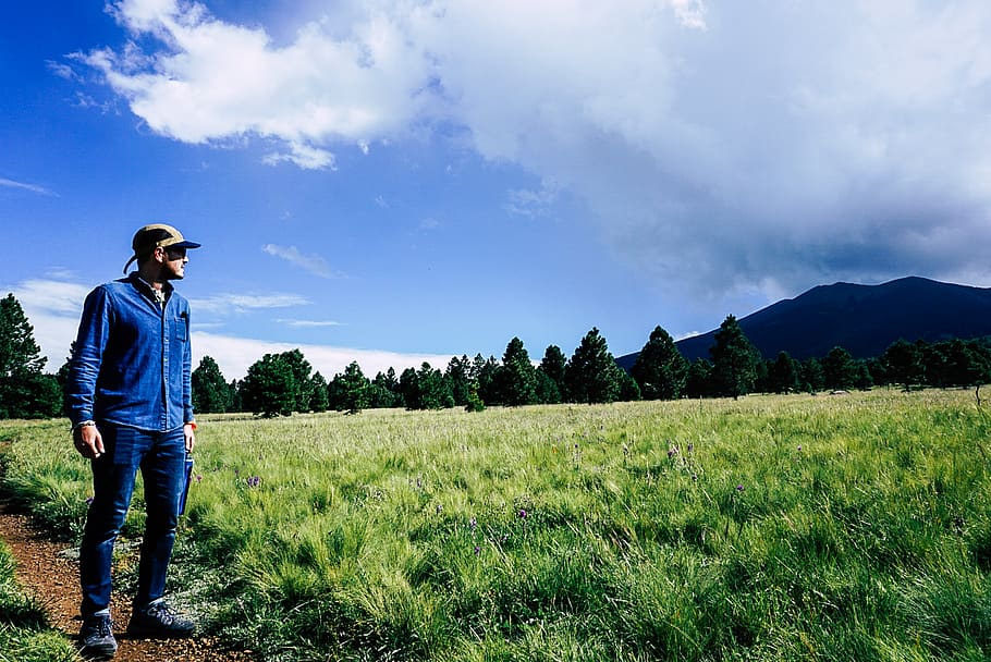 flagstaff, landscape, sky, montains, one person, plant, field HD wallpaper