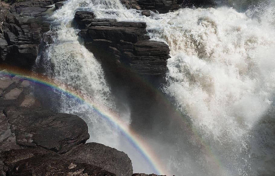 water falls and rainbow, beauty in nature, waterfall, scenics - nature HD wallpaper
