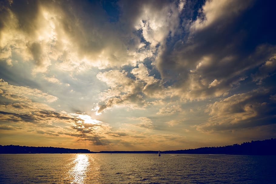 Cumulus Clouds over Body of Water, beach, blue, coastline, dawn HD wallpaper