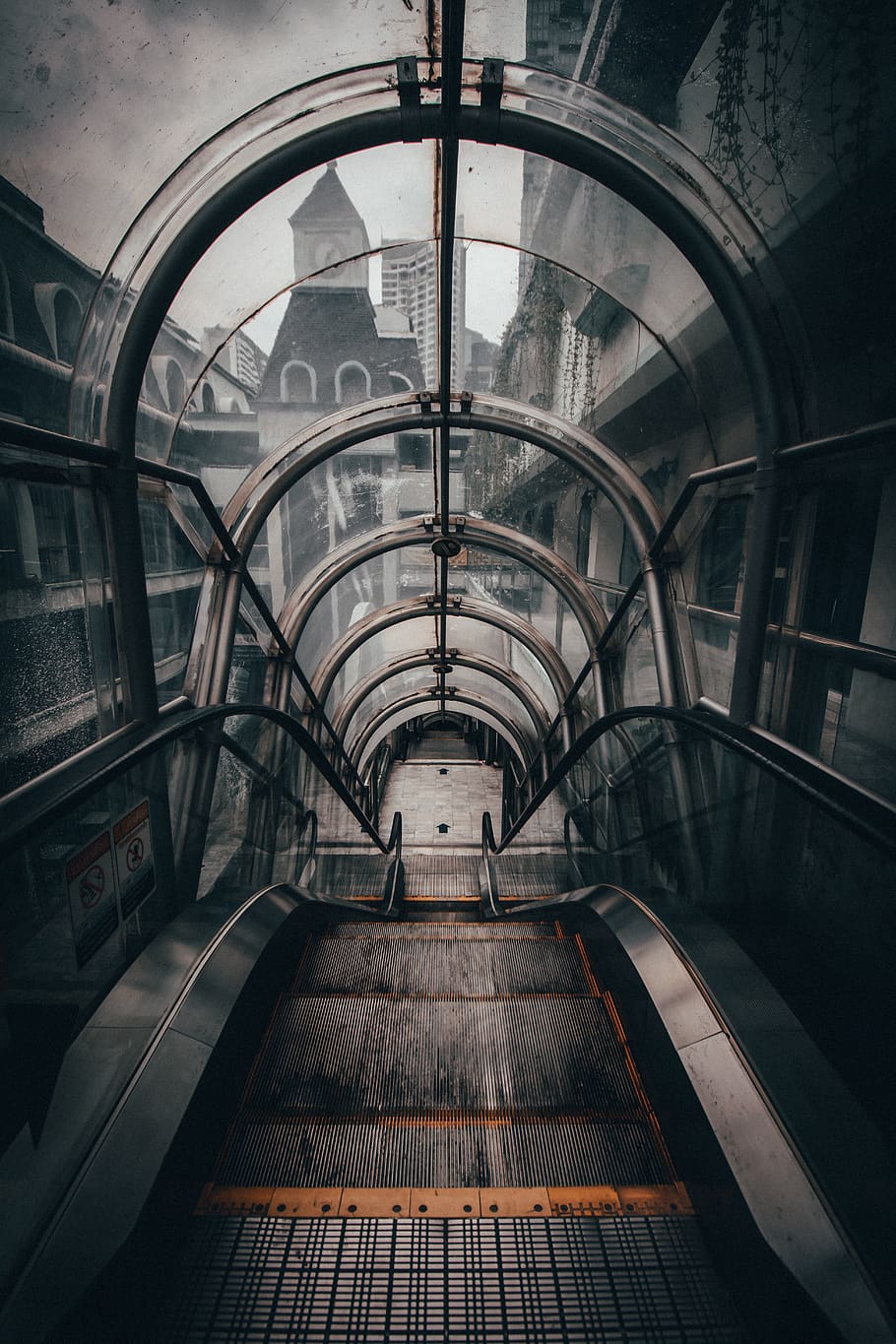 gray empty escalator, arch, architecture, built structure, indoors HD wallpaper