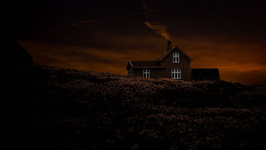 house, hill, sky, rural, clouds, sunset, night, gloomy, dark HD wallpaper
