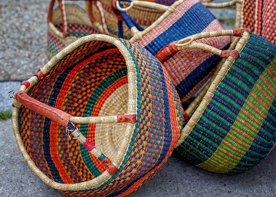 baskets, wicker, woven, multi colored, day, no people, pattern HD wallpaper