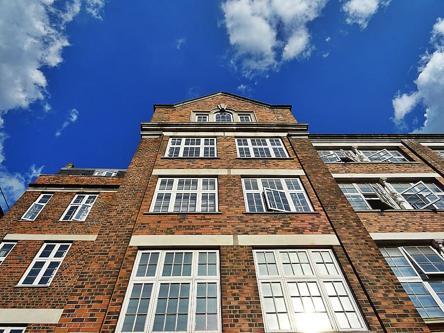 Brown Building, architecture, bricks, clouds, daylight, exterior HD wallpaper