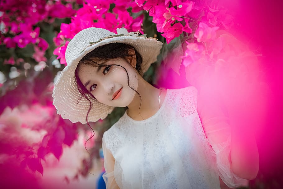 Woman Surrounded By Pink Bougainvillea Flowers, adorable, beautiful HD wallpaper