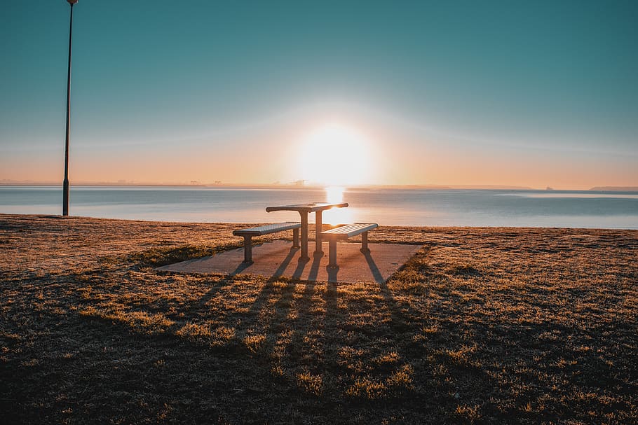 empty table and benches on sand, nature, outdoors, water, shoreline HD wallpaper
