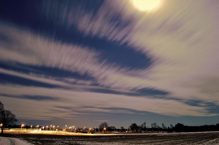 sweden, moon, cloudy, clouds, night, light, lights, street light HD wallpaper