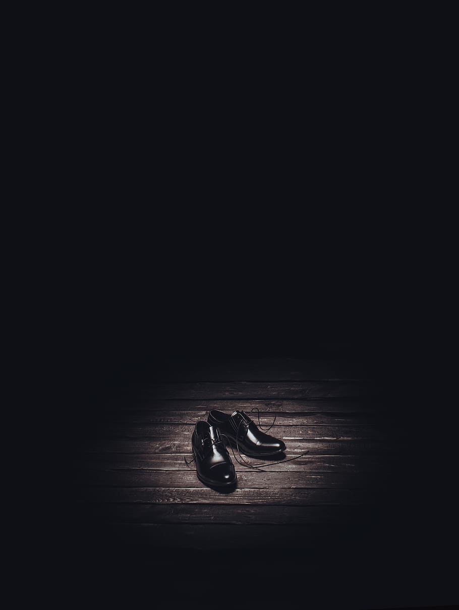 Pair of Black Dress Shoes on Brown Flooring, elegant, shiny, wooden HD wallpaper
