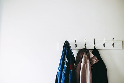 three jacket hanging on wall hooks, coat rack, fashion, style HD wallpaper